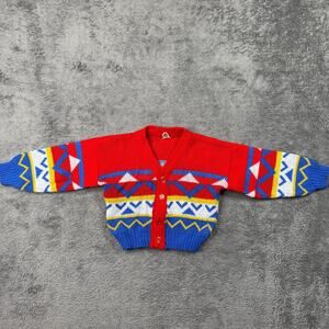 VTG 90s Baby Toddler Knit Sweater Douglas USA 2T Red Blue Geometric Cardigan